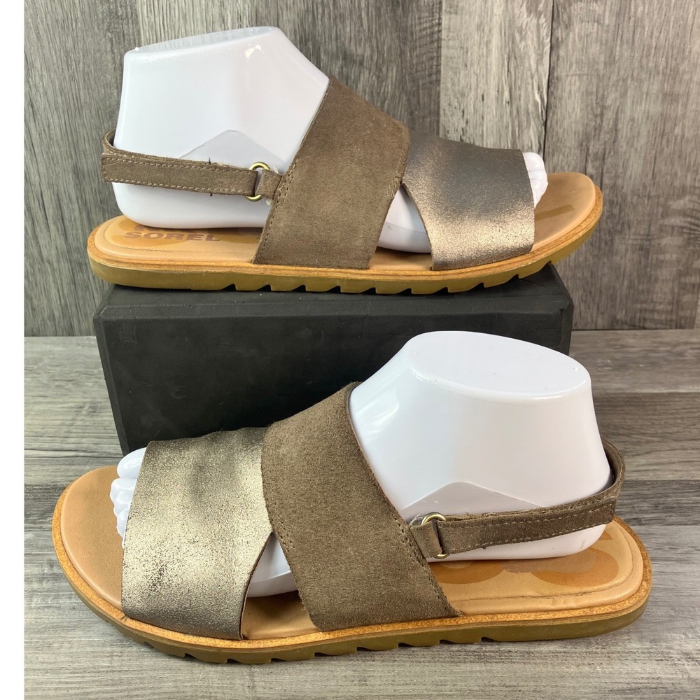 Sorel Roaming Buckle Slide Sandals Sage Metallic Gold Leather Suede Womens 8.5